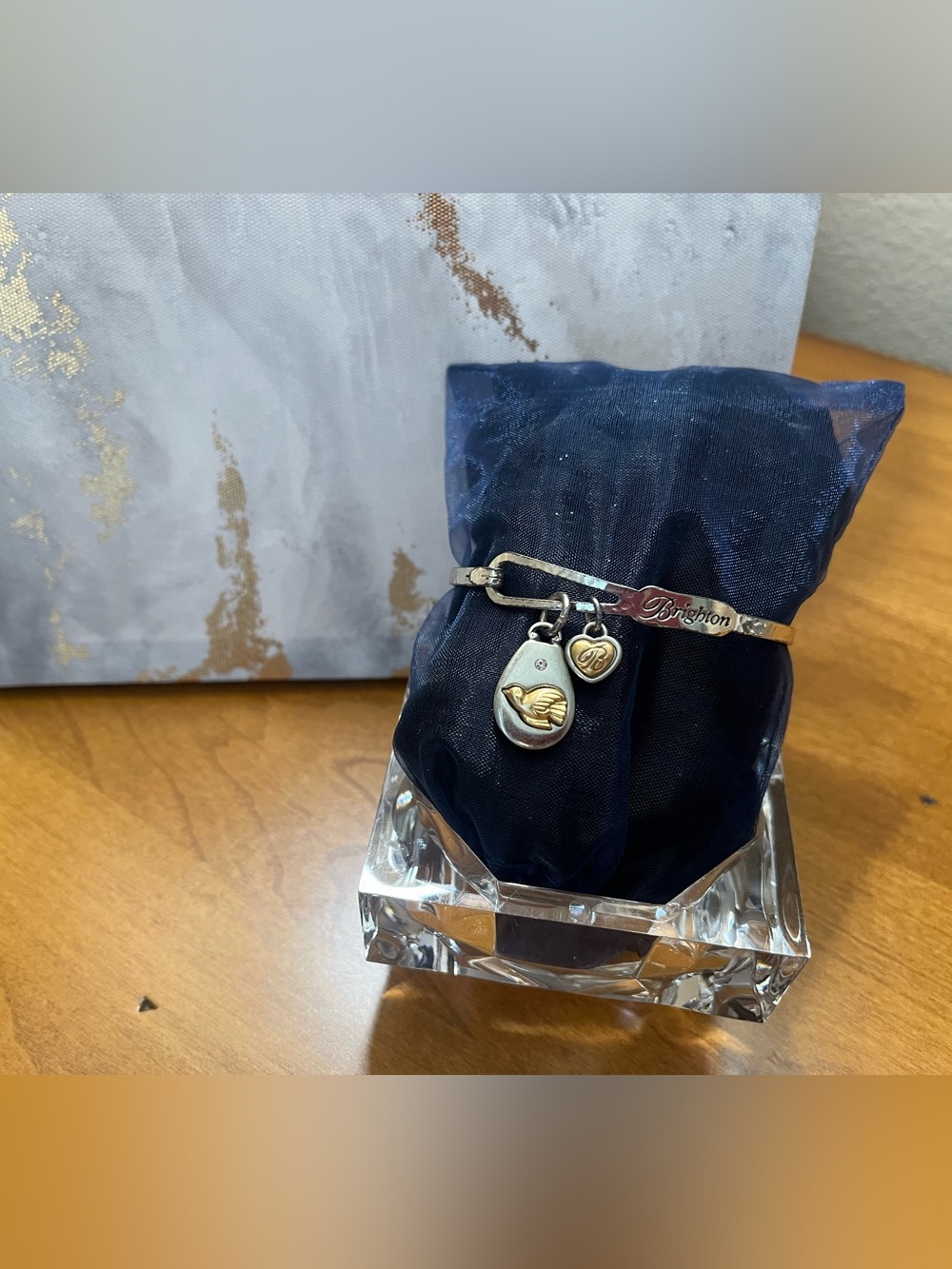 Brighton Silver and Gold Tone Charm Bangle with Dove and Heart Charms